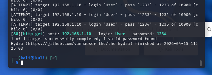 Hydra - mot de passe trouvé